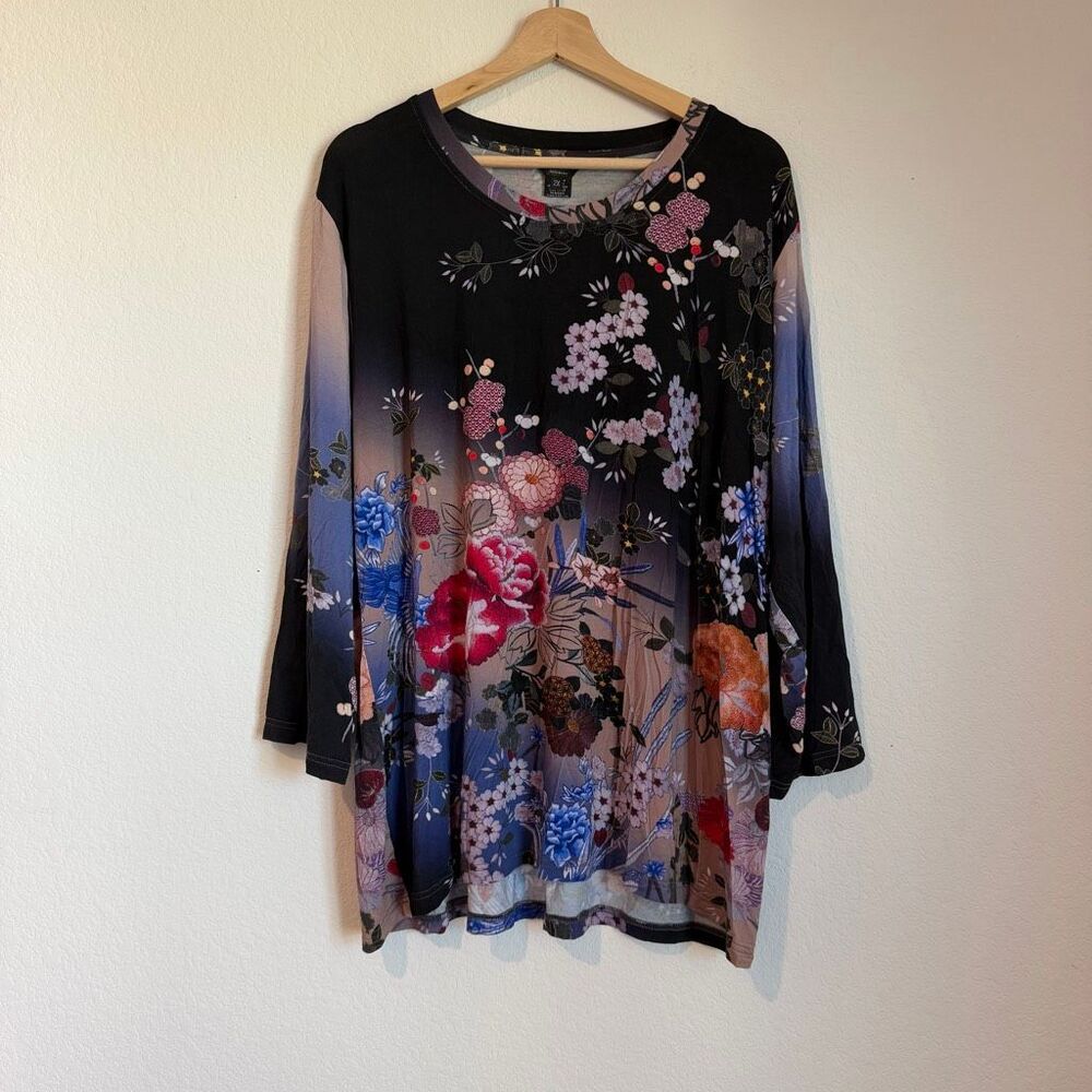 Citron Asian Floral Print Long Sleeve Stretch Tunic Top Women's Size 2X